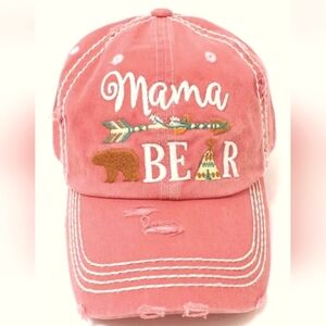 Vintage Embroidered Mama Bear Distressed Hat Cap Pink Canvas Coastal Boho Hippie